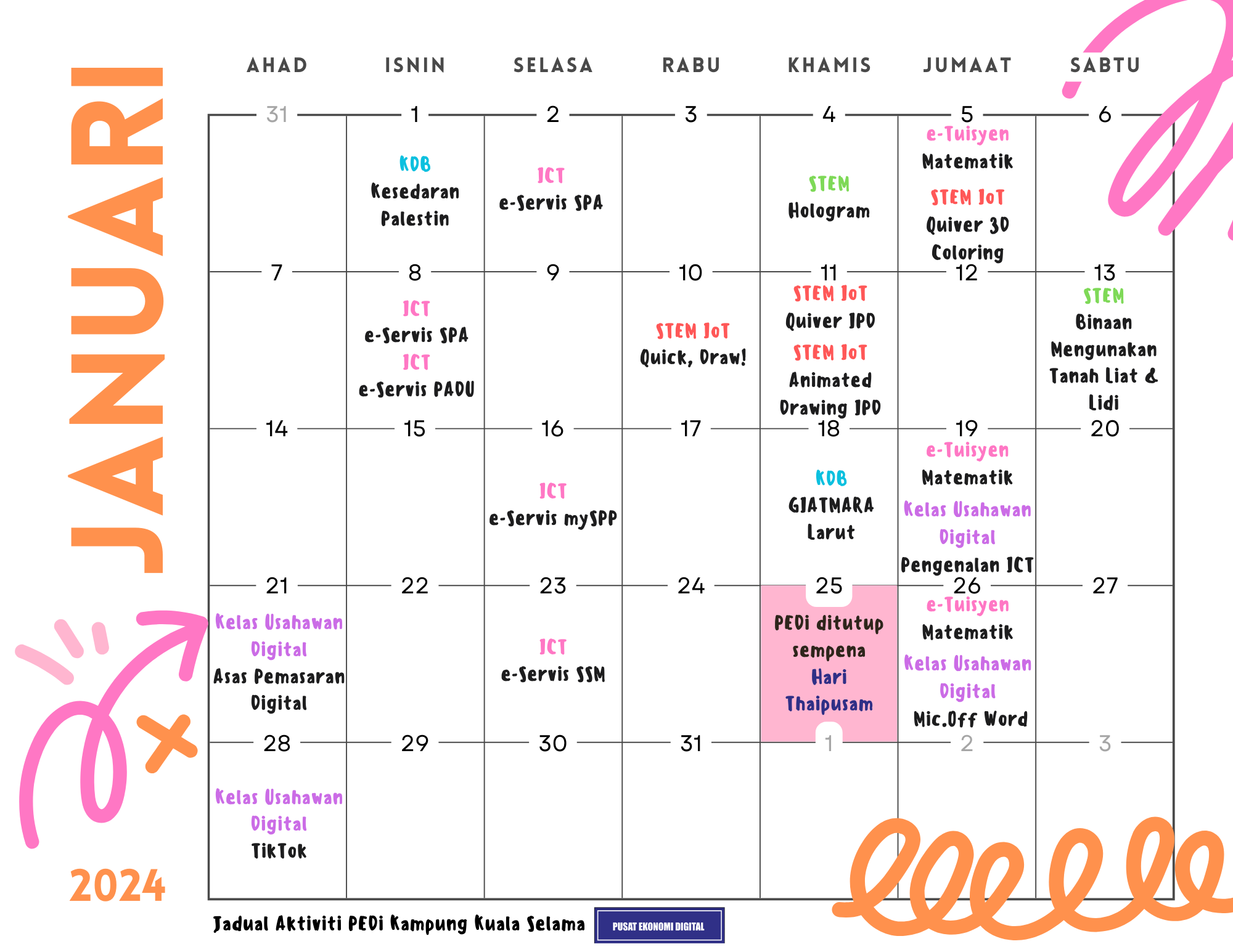 Jadual Aktiviti 2024 Januari PEDi Kg Kuala Selamaa