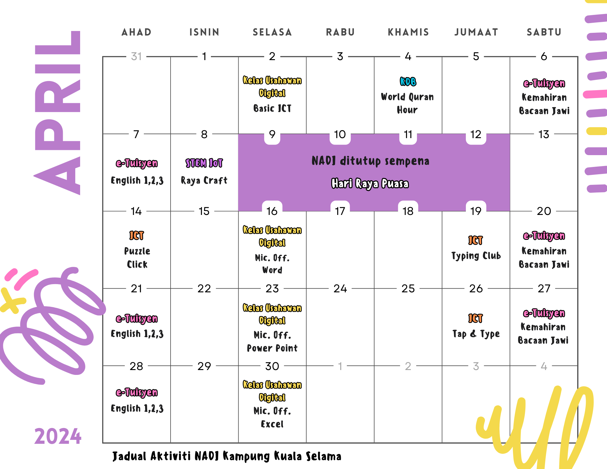 JADUAL AKTIVITI NADI Kg Kuala Selama April 2024